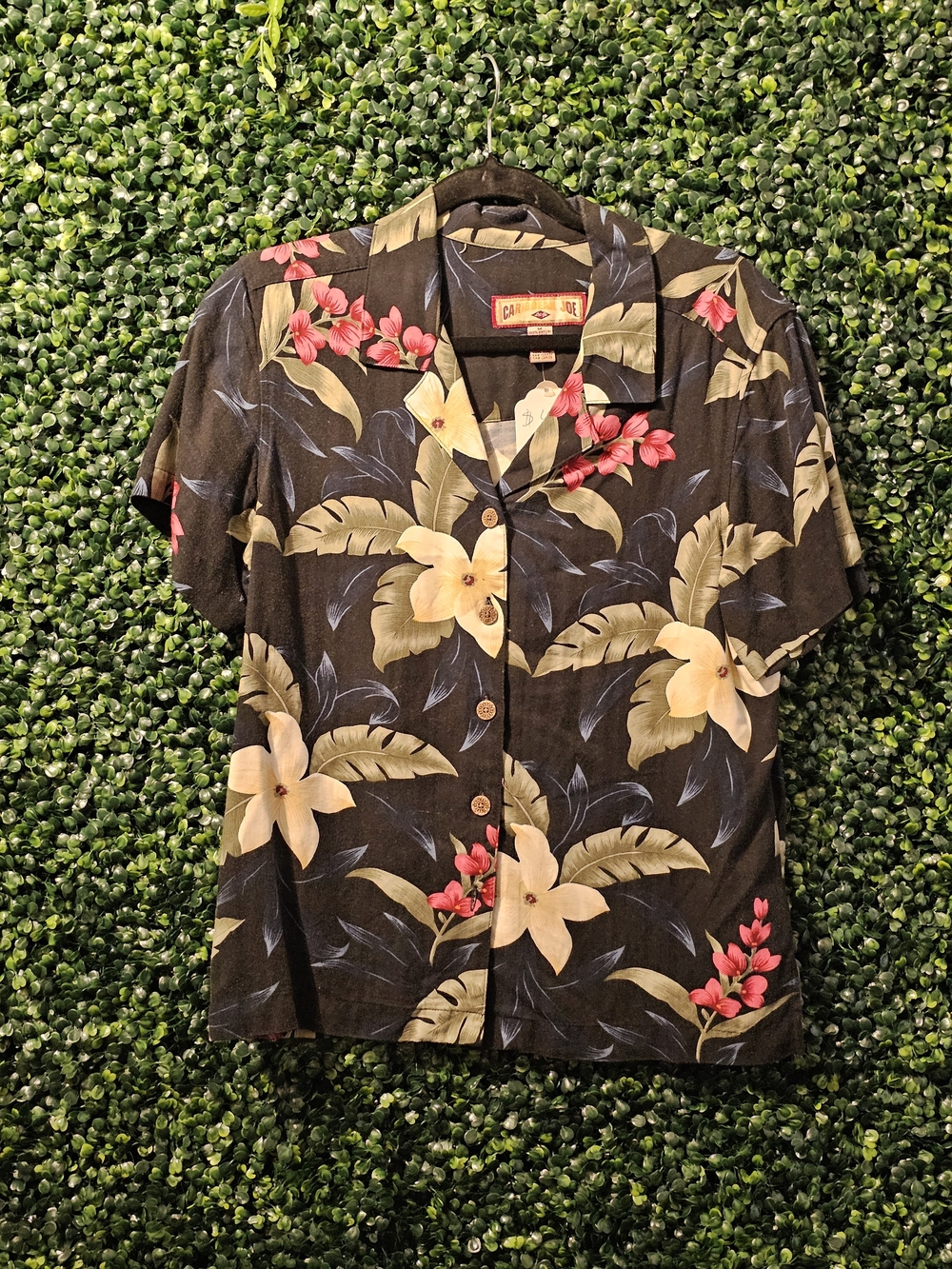 Caribbean Joe Black Hawaiian Floral Button-Down Shirt with Cream & Pink Accents